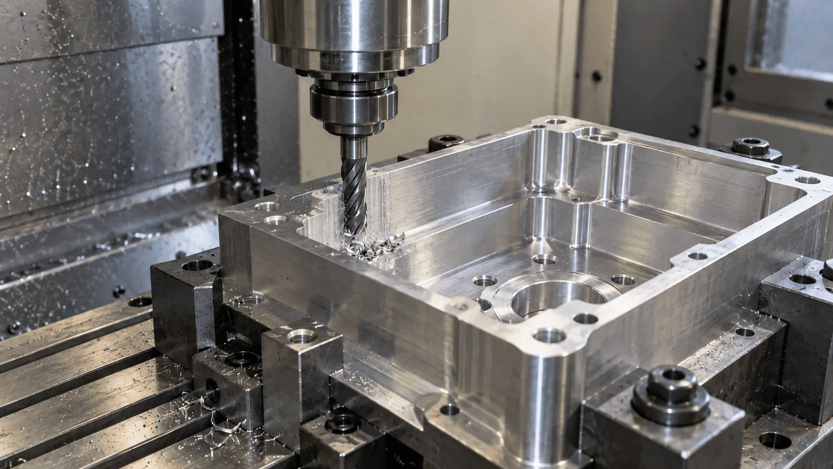 CNC milling an aluminum component held in a machining fixture